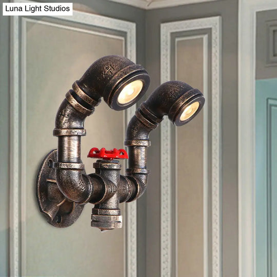 Farmhouse Water Pipe Iron Wall Lamp In Bronze With Red Valve Deco - 1/2-Bulb Sconce Light Fixture