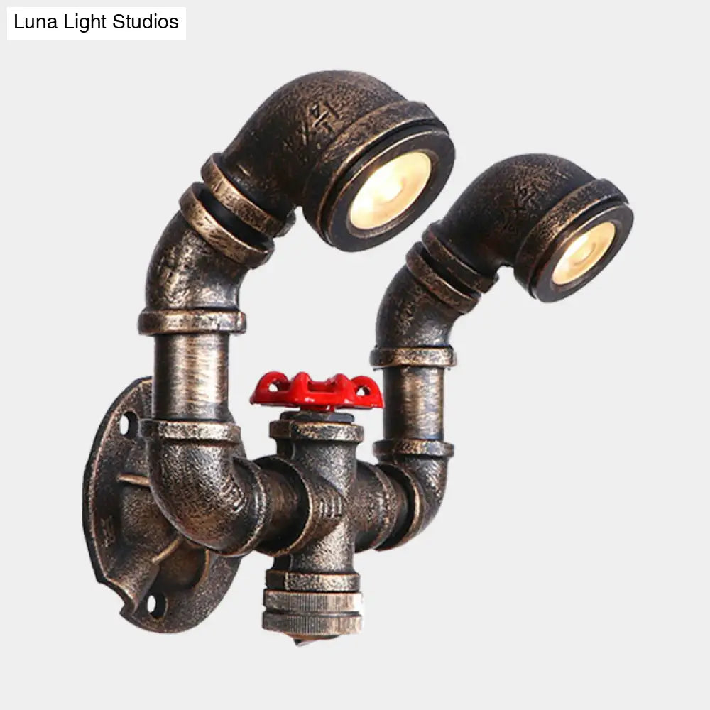 Farmhouse Water Pipe Iron Wall Lamp In Bronze With Red Valve Deco - 1/2-Bulb Sconce Light Fixture