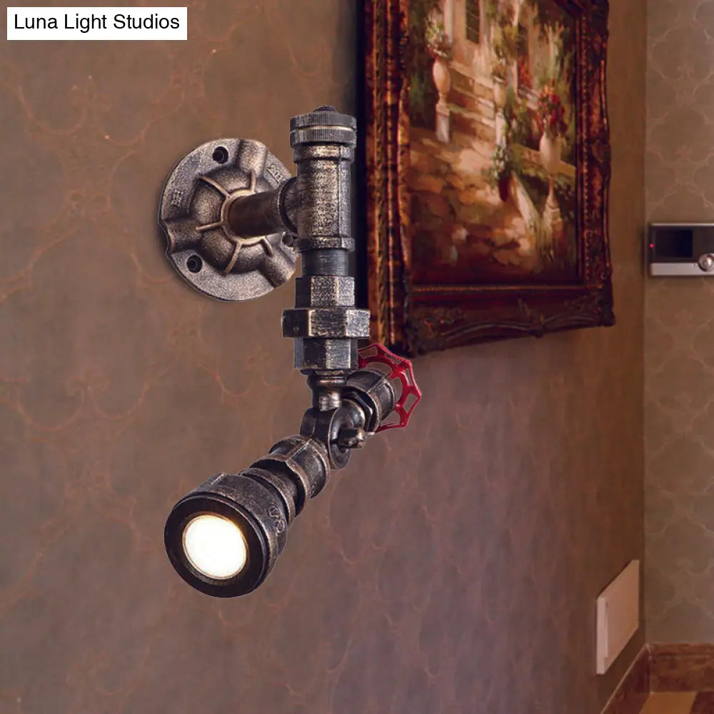 Farmhouse Water Pipe Iron Wall Lamp In Bronze With Red Valve Deco - 1/2-Bulb Sconce Light Fixture