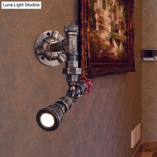 Farmhouse Water Pipe Iron Wall Lamp In Bronze With Red Valve Deco - 1/2-Bulb Sconce Light Fixture