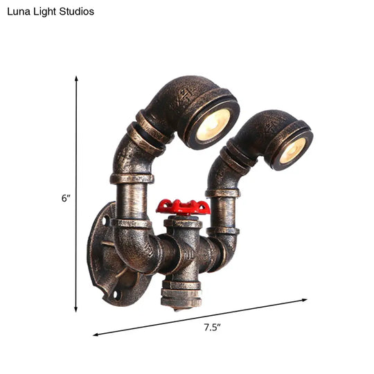 Farmhouse Water Pipe Iron Wall Lamp In Bronze With Red Valve Deco - 1/2-Bulb Sconce Light Fixture