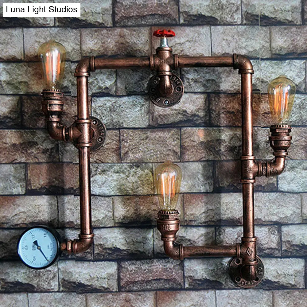 Farmhouse Water Pipe Sconce Light - Rust Finish With 3 Bulbs Valve And Gauge