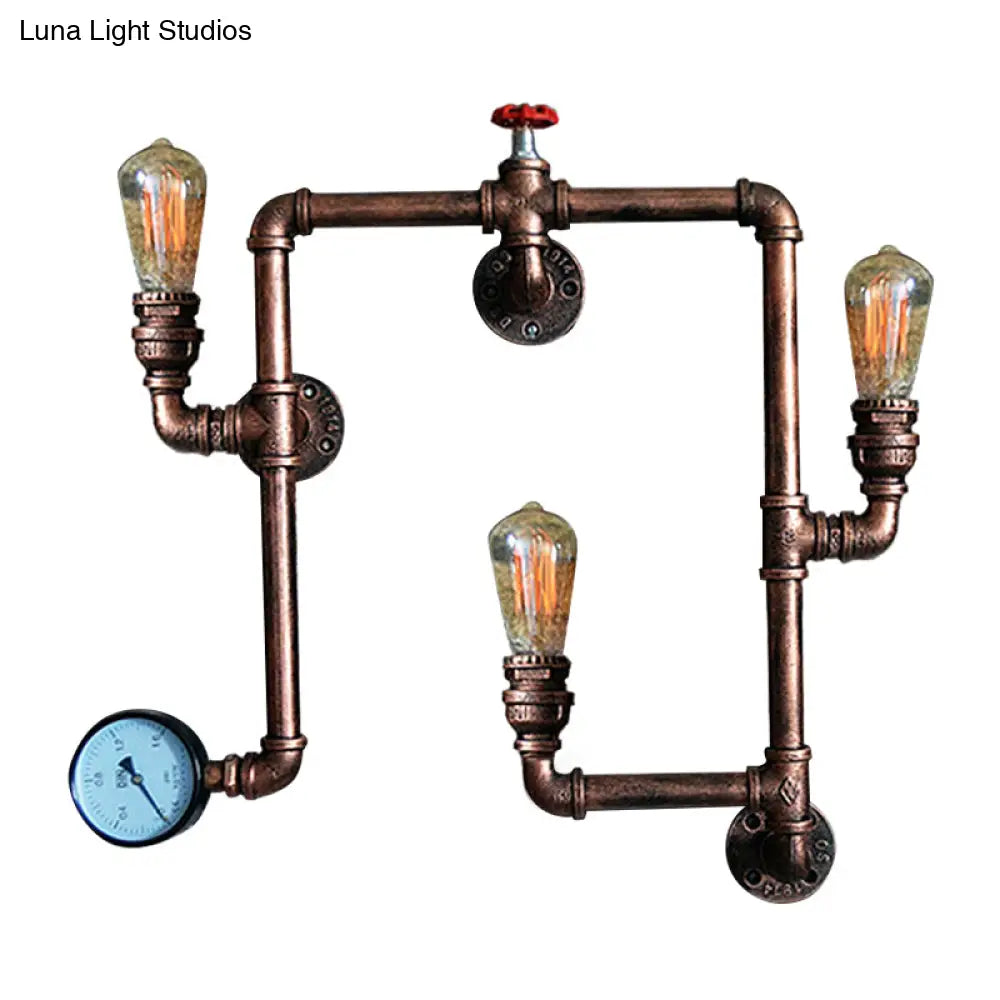 Farmhouse Water Pipe Sconce Light - Rust Finish With 3 Bulbs Valve And Gauge