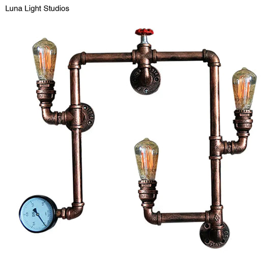 Farmhouse Water Pipe Sconce Light - Rust Finish With 3 Bulbs Valve And Gauge