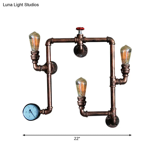 Farmhouse Water Pipe Sconce Light - Rust Finish With 3 Bulbs Valve And Gauge