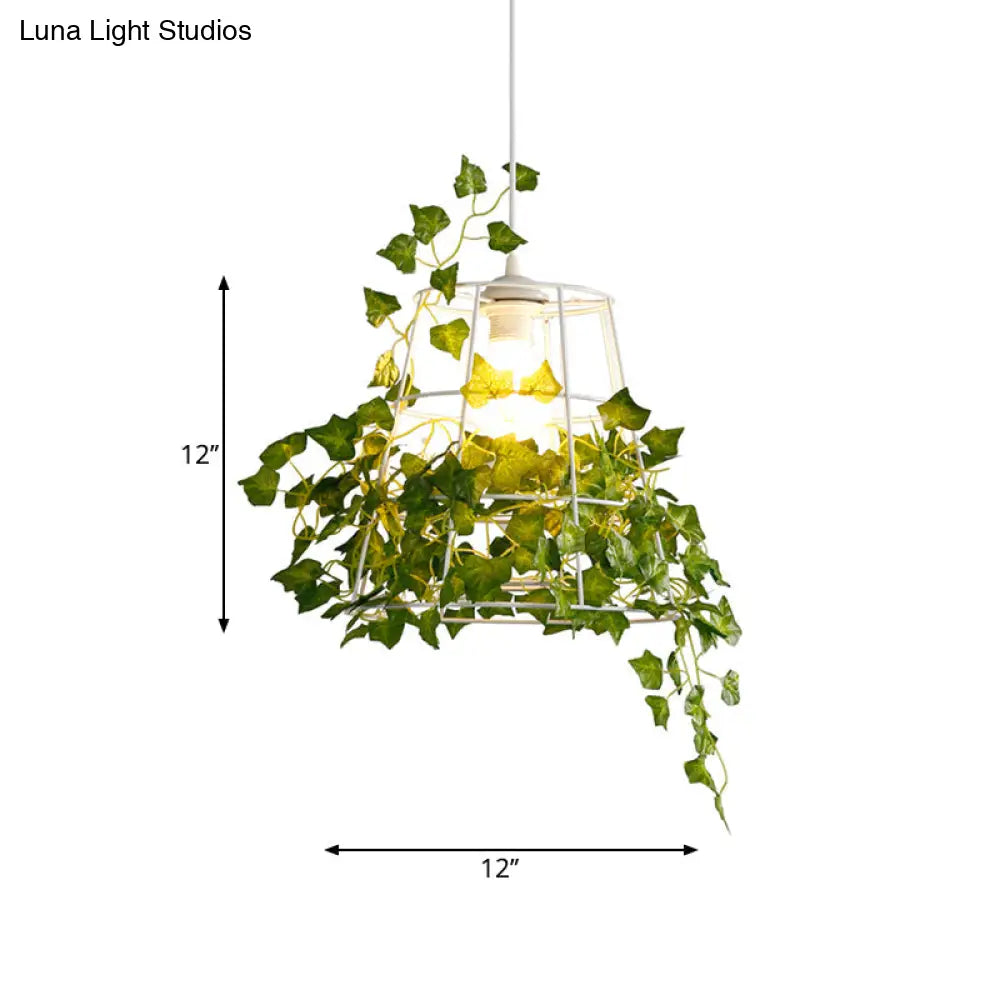 Farmhouse White Conic Cage Pendant Lamp With Metallic Finish & Artificial Plant Deco