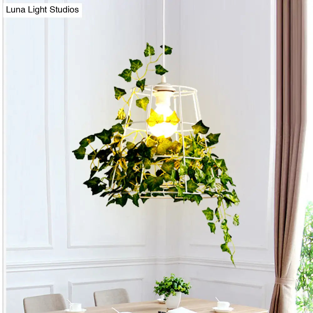 Farmhouse White Conic Cage Pendant Lamp With Metallic Finish & Artificial Plant Deco