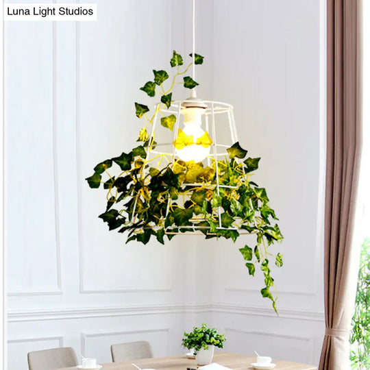 Farmhouse White Conic Cage Pendant Lamp With Metallic Finish & Artificial Plant Deco