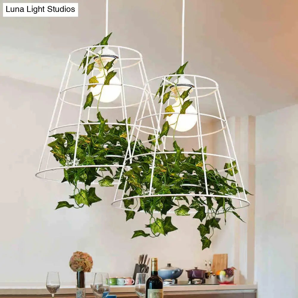 Farmhouse White Conic Cage Pendant Lamp With Metallic Finish & Artificial Plant Deco