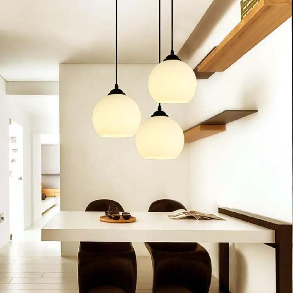 Farmhouse White Glass Pendant Ceiling Light - Black Orb Design For Dining Room