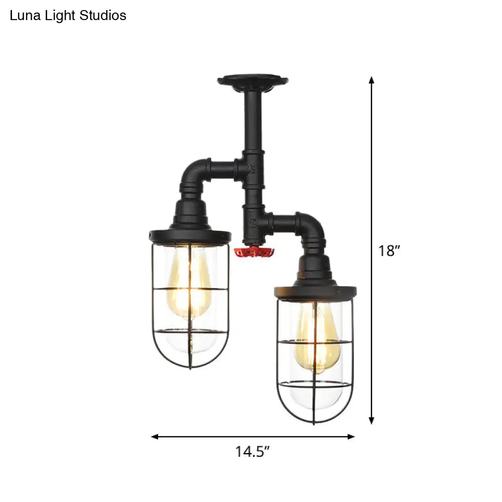 Farmhouse Wire Cage Flushmount Ceiling Fixture - Clear Glass Black Finish 2 Bulbs