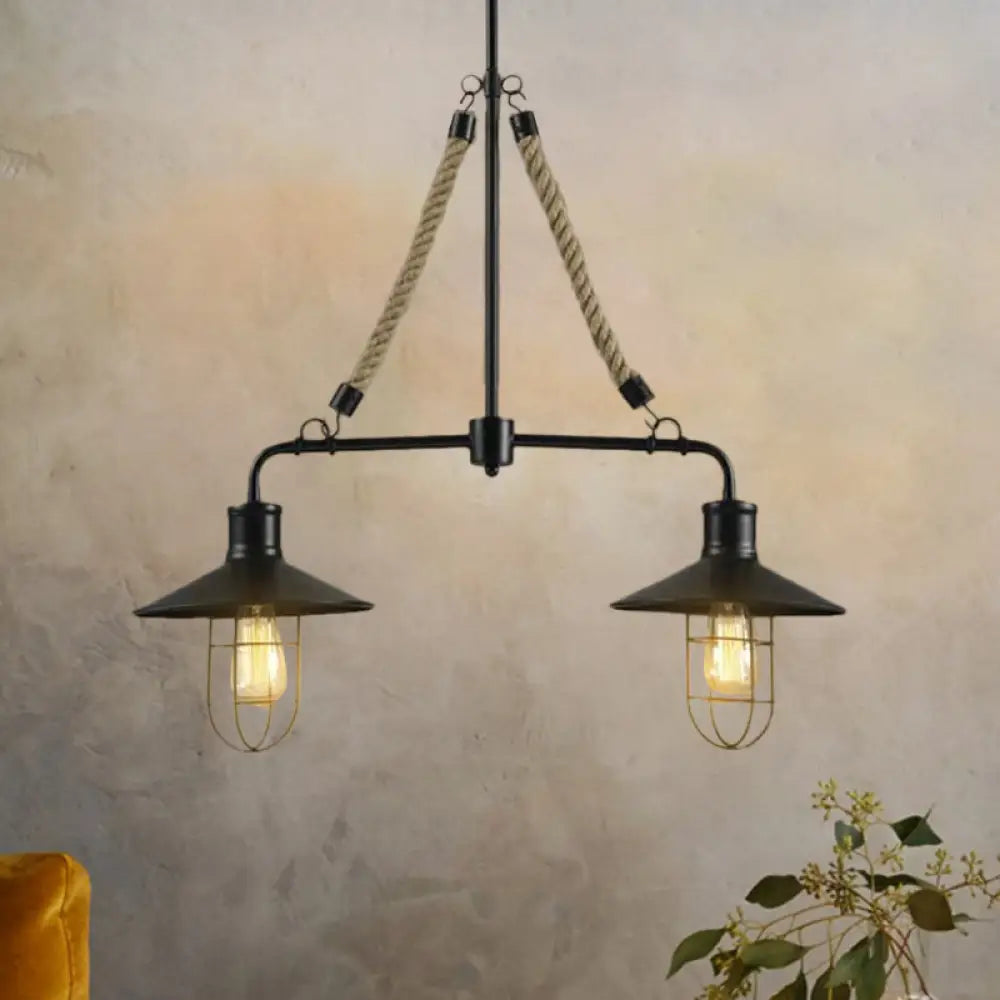 Farmhouse Wire Cage Pendant Light: 2 Bulbs Island Lamp With Rope And Flared Shade Metallic Finish In