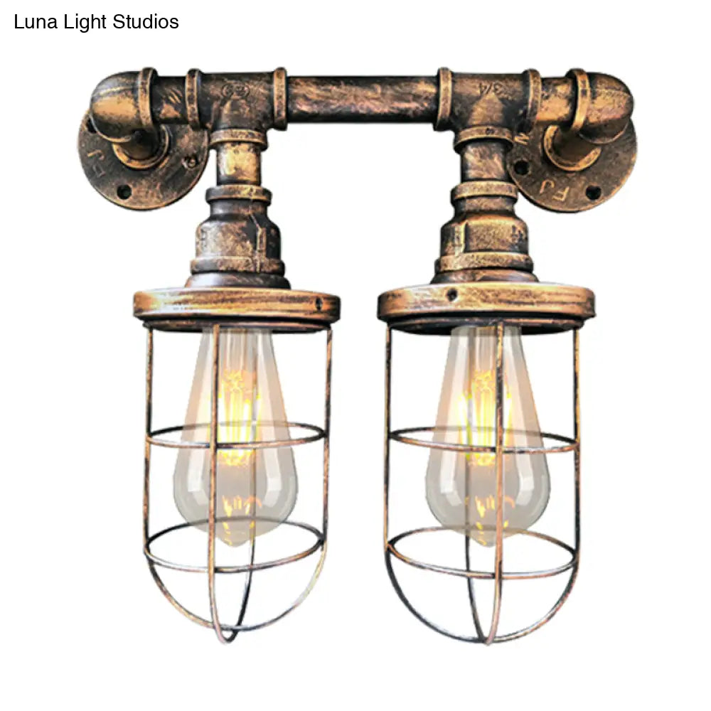 Farmhouse Wire Cage Sconce Light Fixture With 2 Bulbs - Coffee Shop Wall Mount Pipe Lamp In