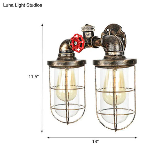 Farmhouse Wire Guard Wall Lamp - Vintage Brass Wrought Iron Sconce With Valve Wheel Design 2 Bulbs