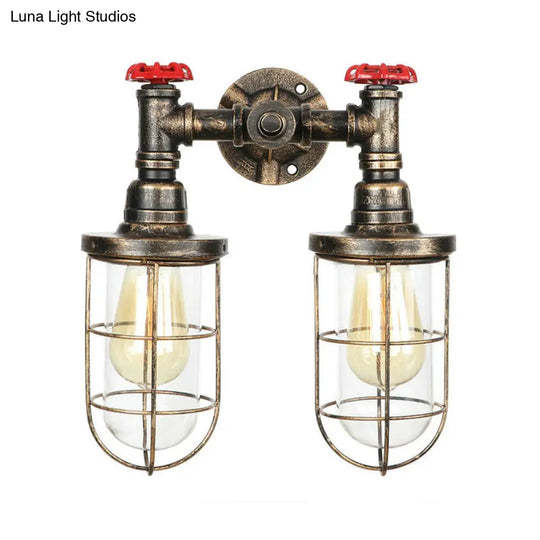 Farmhouse Wire Guard Wall Lamp - Vintage Brass Wrought Iron Sconce With Valve Wheel Design 2 Bulbs