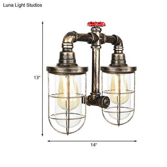 Farmhouse Wire Guard Wall Lamp - Vintage Brass Wrought Iron Sconce With Valve Wheel Design 2 Bulbs