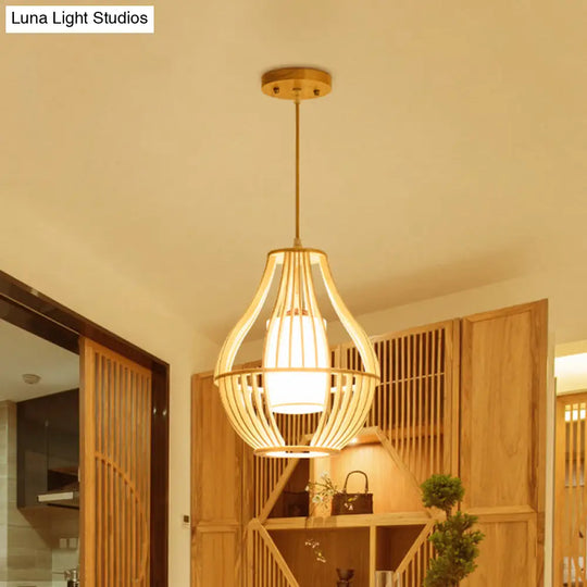 Farmhouse Wood Basket Pendant Light - Beige Ceiling Fixture With Fabric Lamp Shade