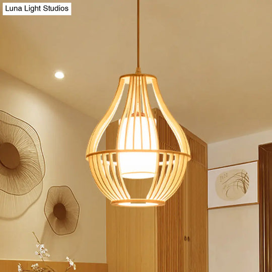 Farmhouse Wood Basket Pendant Light - Beige Ceiling Fixture With Fabric Lamp Shade