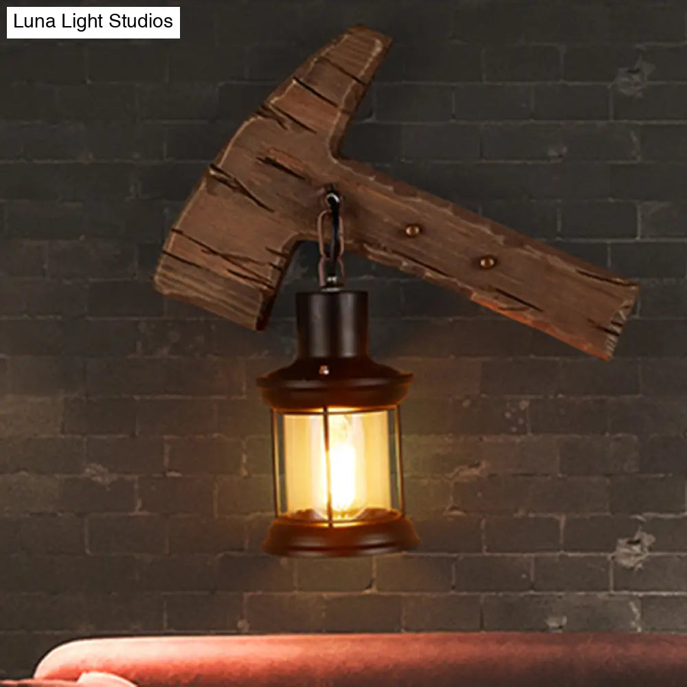 Farmhouse Wooden Wall Sconce With Lantern Shade For Bistro Lighting