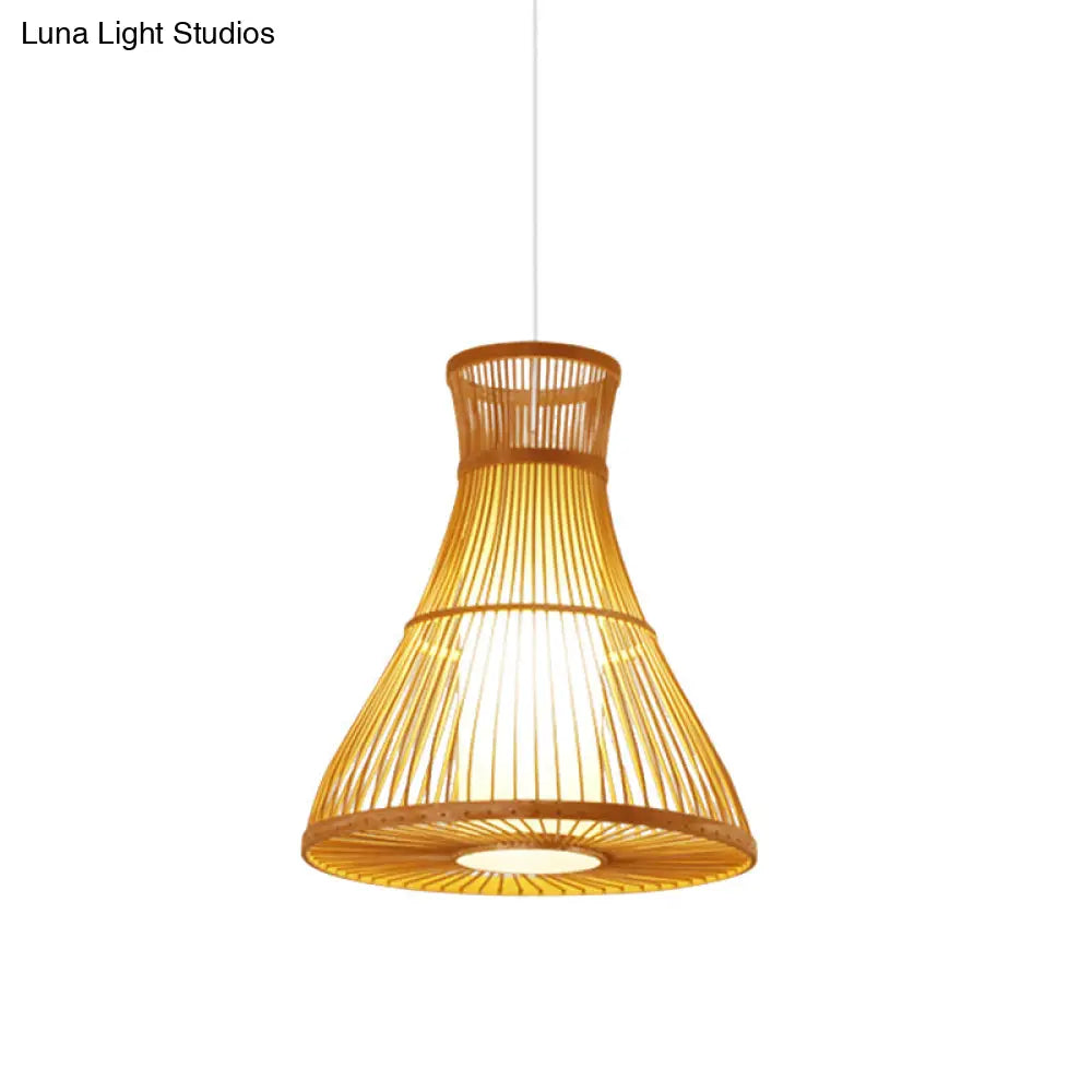 Fashionable Beige Bamboo Ceiling Lamp - Asian Inspired Flared Design With Parchment Shade