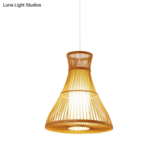 Flared Beige Ceiling Lamp - Asian Style Bamboo Hanging Light Fixture With Parchment Inner Tube Shade