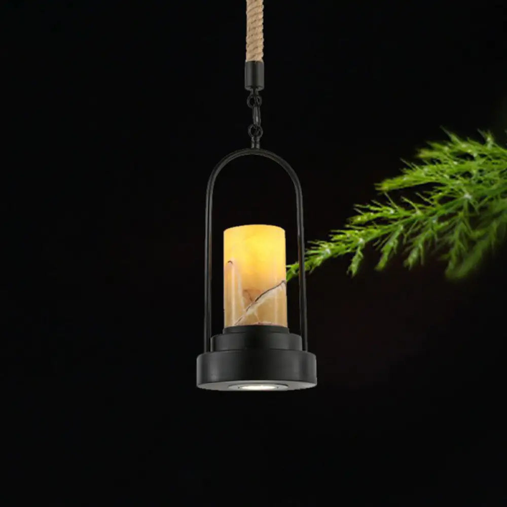 Faux Candle Wine Bar Pendant Lamp - Rural Marble 1-Light Black Hanging Light With Arched Frame &