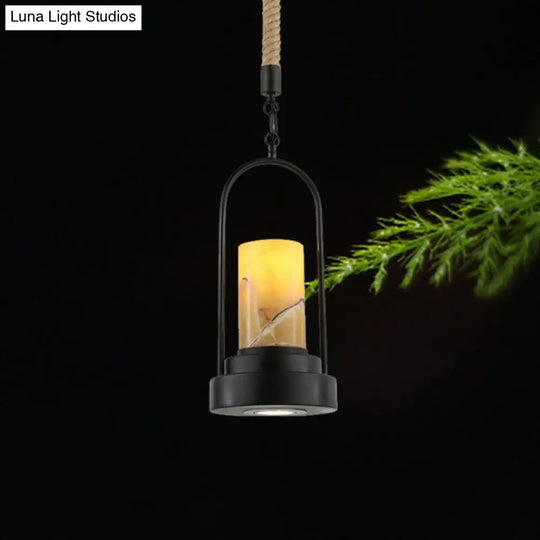 Rustic Marble Pendant Lamp With Faux Candle And Rope Details Black