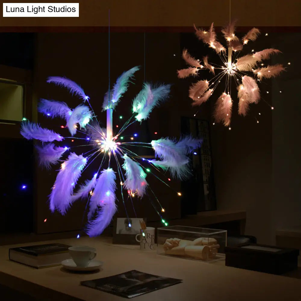 Feather Bedroom Table Lamp - Creative Firework Nightlight In Pink Battery/Usb Led With