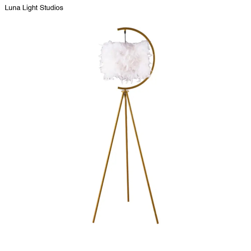 Feather Deco Drum Floor Lamp - Contemporary Tri-Leg Design Black/Gold Perfect For Single Bedrooms