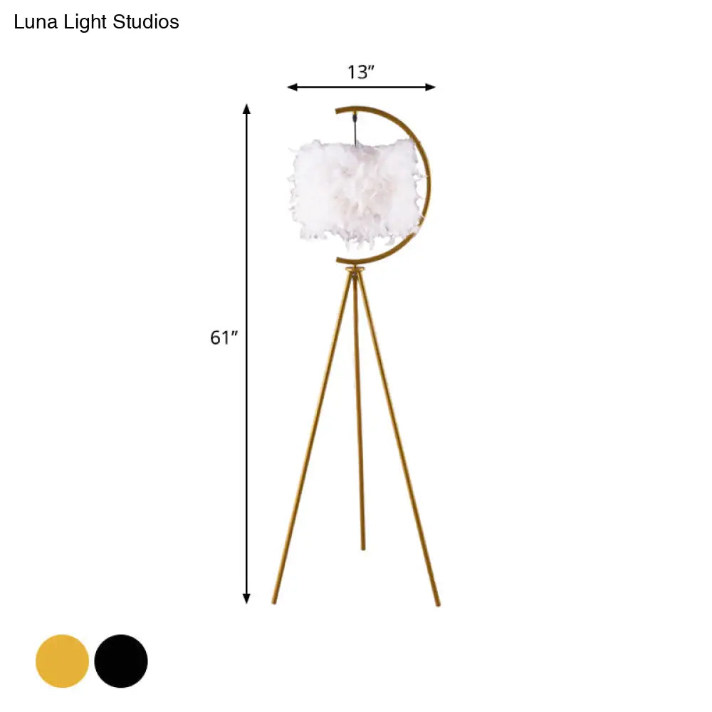 Feather Deco Drum Floor Lamp - Contemporary Tri-Leg Design Black/Gold Perfect For Single Bedrooms