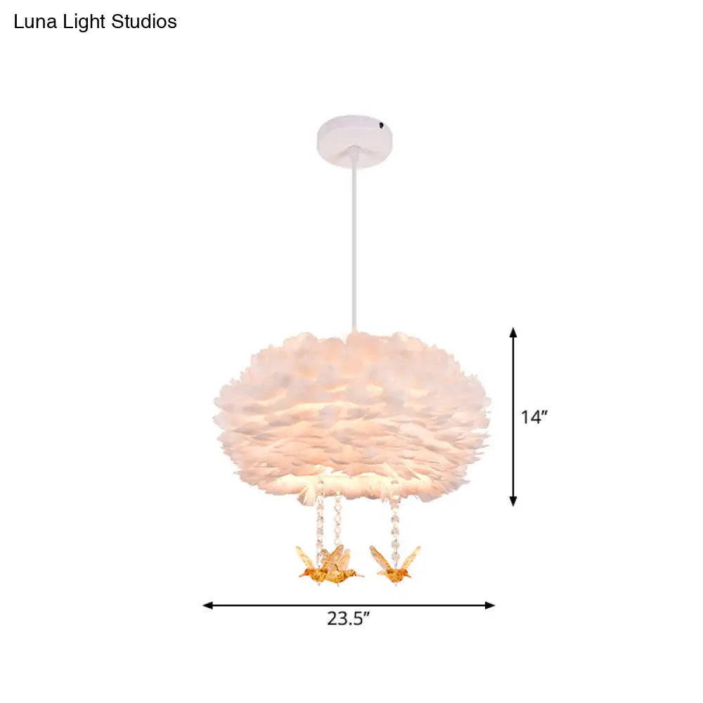 Feather Drum Chandelier Modern Style Pendant Light With Bird Decor White 3/4/5-Head Options