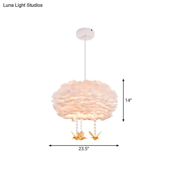 Feather Drum Chandelier Modern Style Pendant Light With Bird Decor White 3/4/5-Head Options