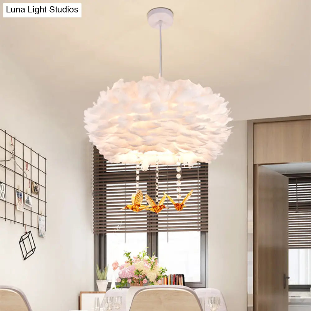 Feather Drum Chandelier Modern Style Pendant Light With Bird Decor White 3/4/5-Head Options