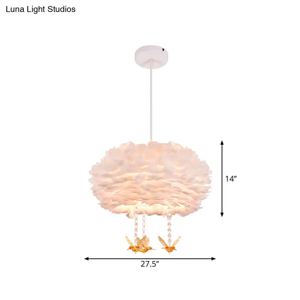 Feather Drum Chandelier Modern Style Pendant Light With Bird Decor White 3/4/5-Head Options