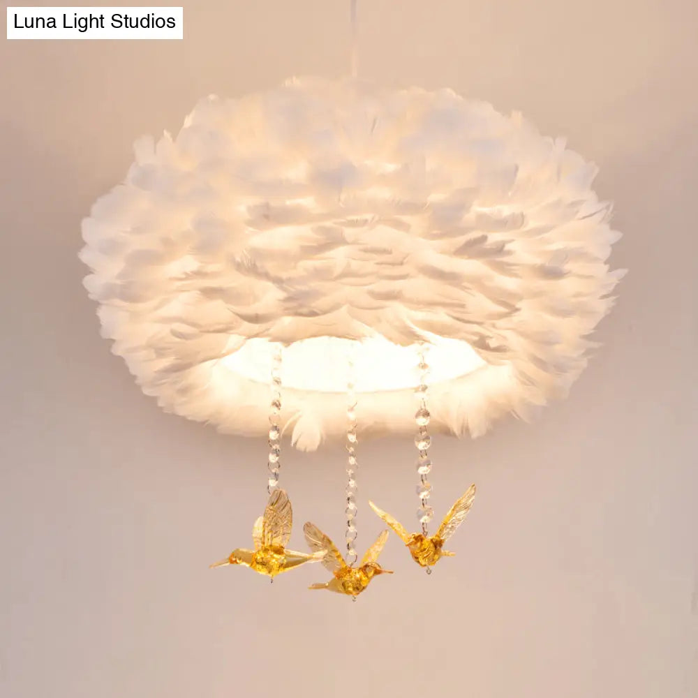 Feather Drum Chandelier Modern Style Pendant Light With Bird Decor White 3/4/5-Head Options