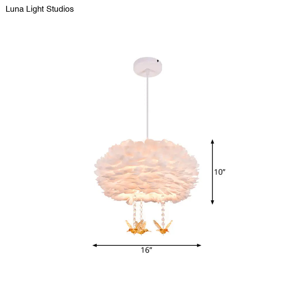 Feather Drum Chandelier Modern Style Pendant Light With Bird Decor White 3/4/5-Head Options