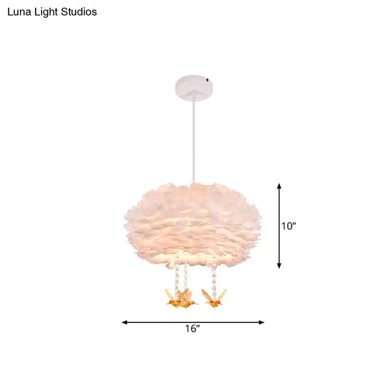 Feather Drum Chandelier Modern Style Pendant Light With Bird Decor White 3/4/5-Head Options