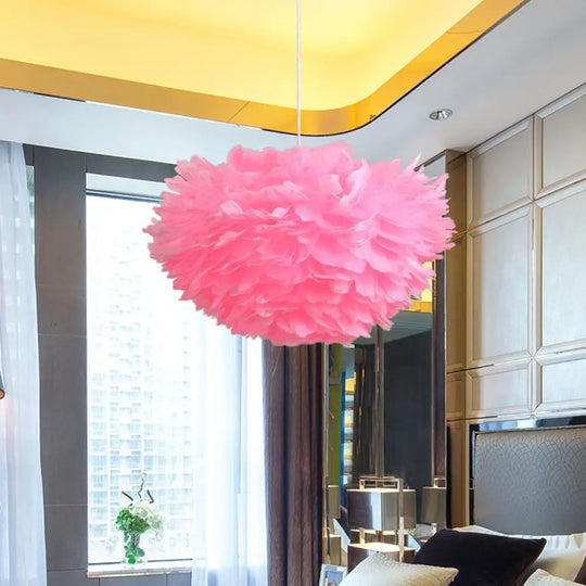 Feather Hanging Chandelier In White/Grey/Pink For Modern Bedroom Lighting - Fabric 4-Light Ceiling