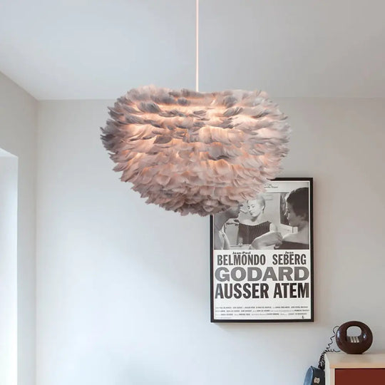 Feather Hanging Chandelier In White/Grey/Pink For Modern Bedroom Lighting - Fabric 4-Light Ceiling