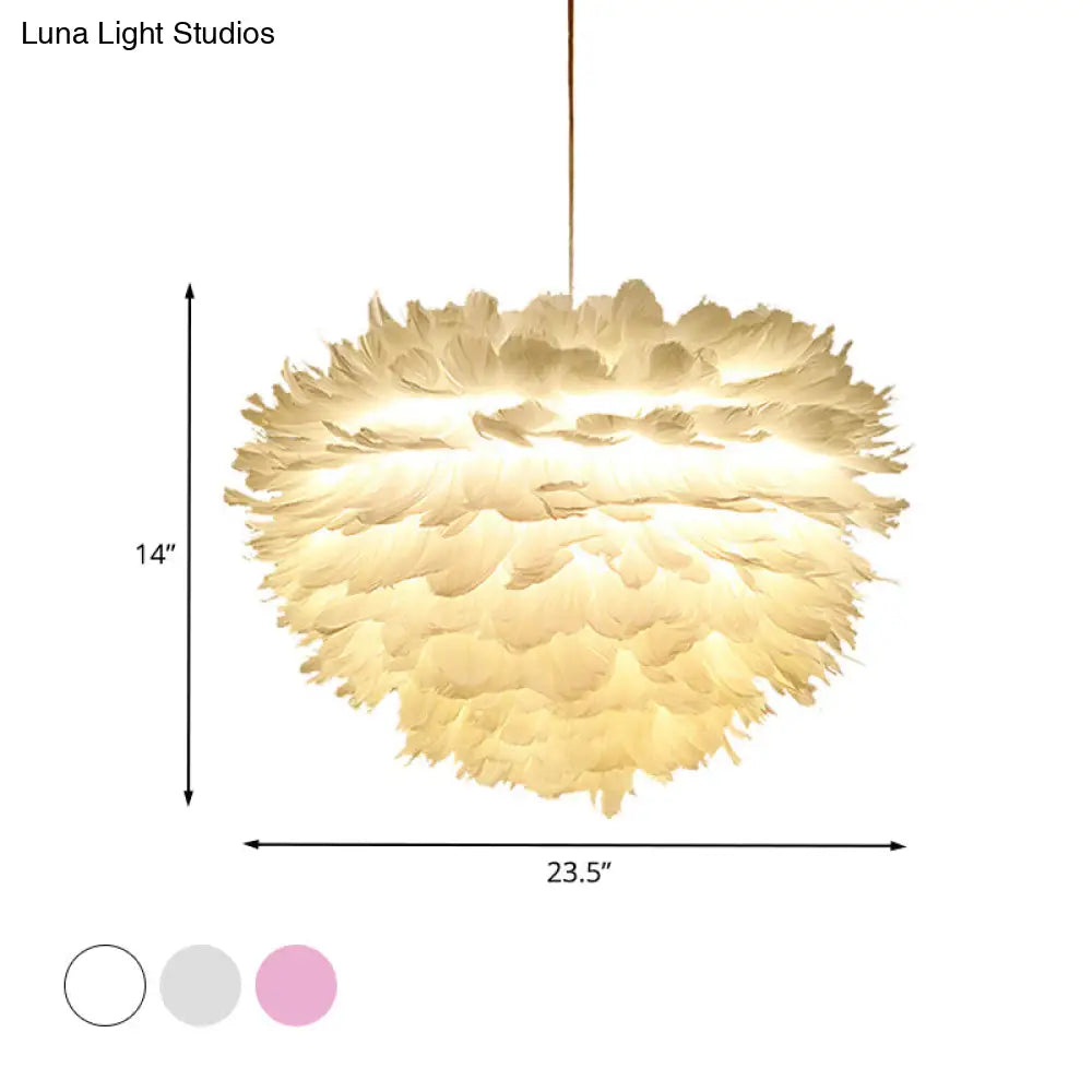 Feather Hanging Chandelier In White/Grey/Pink For Modern Bedroom Lighting - Fabric 4-Light Ceiling