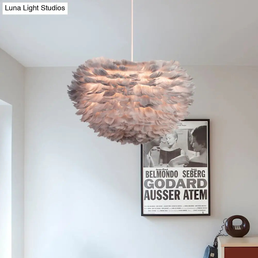 Feather Hanging Fabric Chandelier - 4-Light Modernist Bedroom Ceiling Lighting In White/Grey/Pink