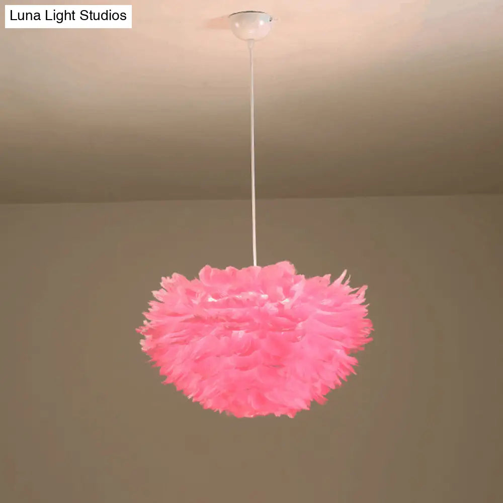 Feather Hanging Chandelier In White/Grey/Pink For Modern Bedroom Lighting - Fabric 4-Light Ceiling