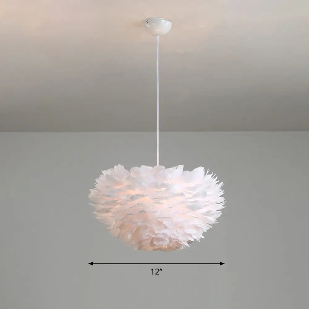 Feather Hemispherical Pendant Lamp - Minimalist White Suspension Light For Bedroom / 12’