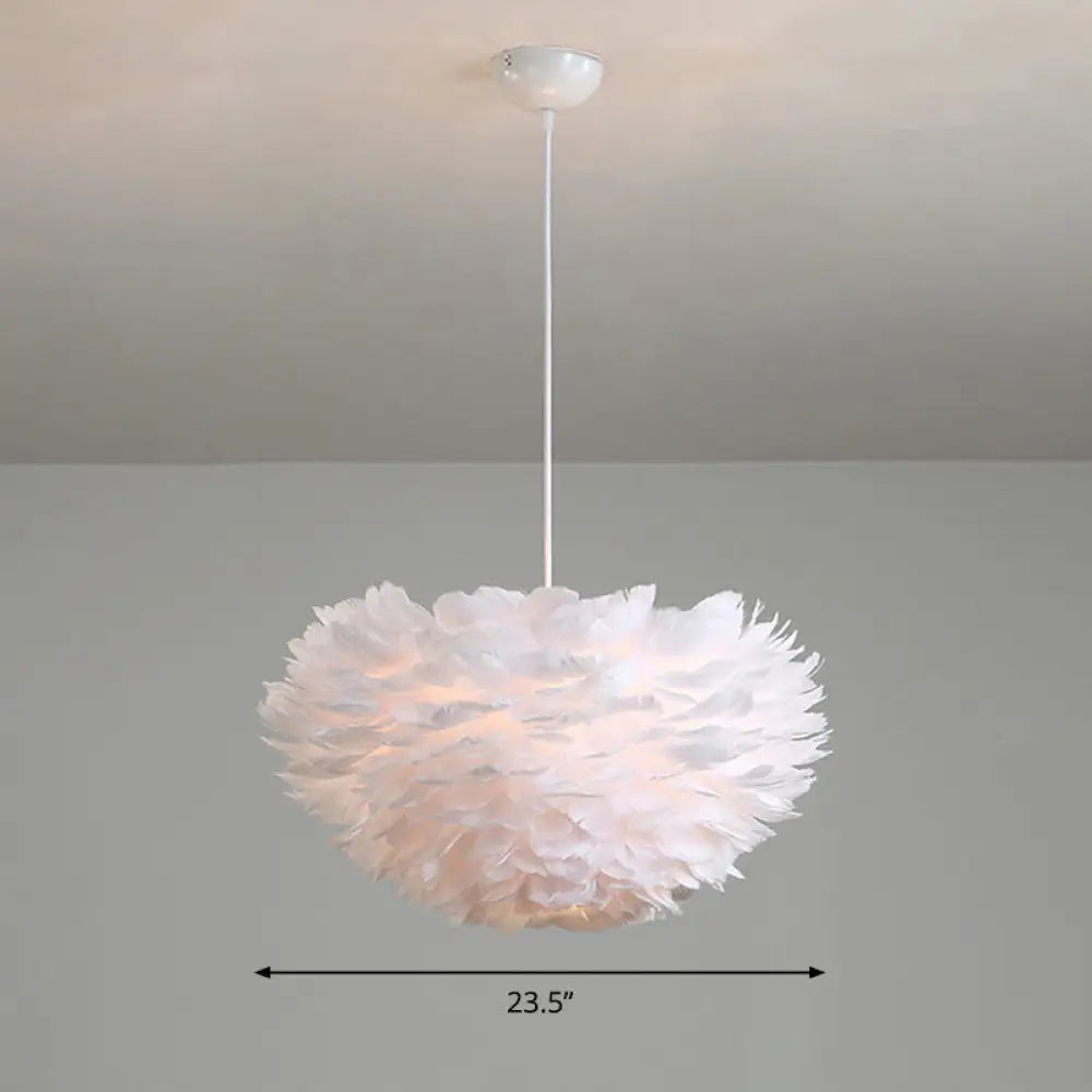 Feather Hemispherical Pendant Lamp - Minimalist White Suspension Light For Bedroom / 23.5’