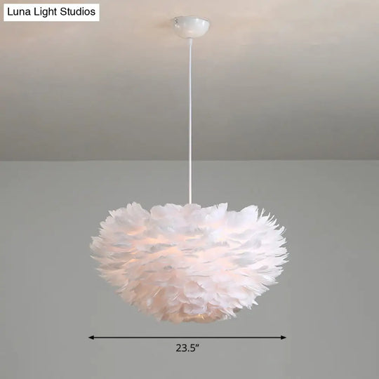 Minimalist Feather Hemispherical Pendant Lamp - White Suspension Light For Bedroom / 23.5