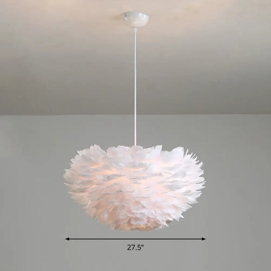 Feather Hemispherical Pendant Lamp - Minimalist White Suspension Light For Bedroom / 27.5’