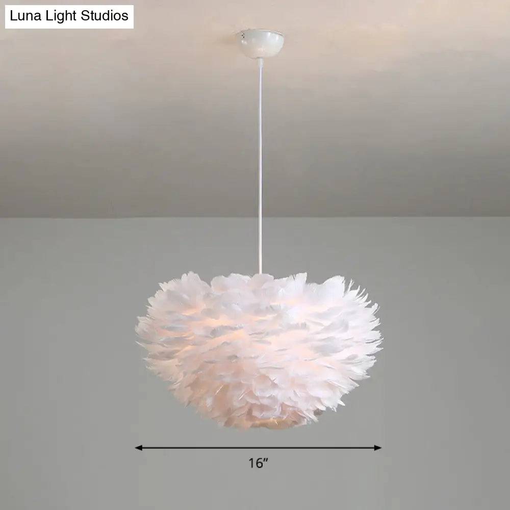 Minimalist Feather Hemispherical Pendant Lamp - White Suspension Light For Bedroom / 16