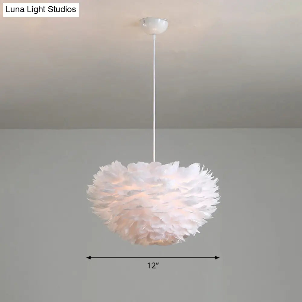 Minimalist Feather Hemispherical Pendant Lamp - White Suspension Light For Bedroom / 12