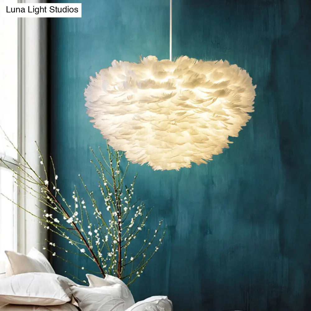 Minimalist Feather Hemispherical Pendant Lamp - White Suspension Light For Bedroom