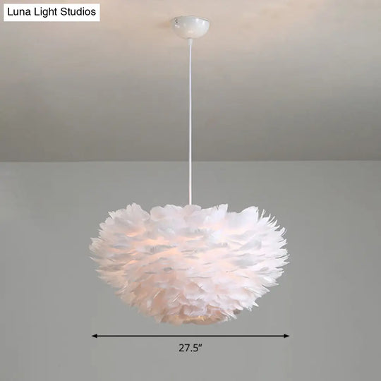 Minimalist Feather Hemispherical Pendant Lamp - White Suspension Light For Bedroom / 27.5